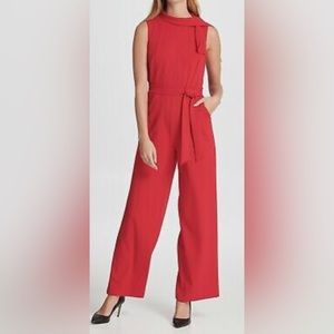 DKNY tie neck scarlet wide leg jumpsuit